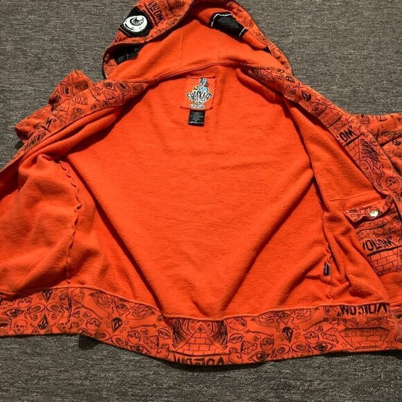 Vintage Volcom Ryan Sheckler Orange All Over Print Monster Hoodie S Small - Picture 8 of 12